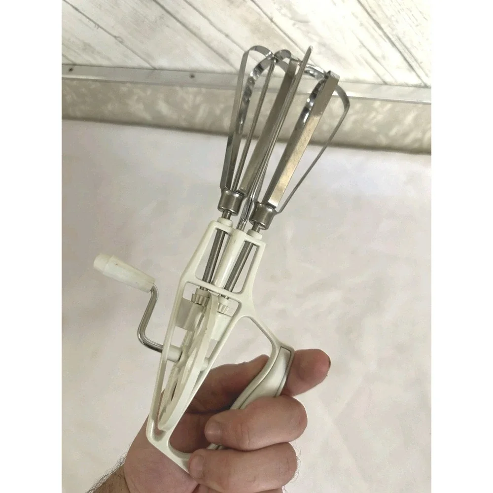 Hand Held Crank Manual Mixer Egg Beater Kitchen Stainless Steel w/ Side Handle